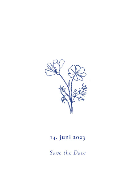 
                Et romantisk Save the Date i et petite A7 format. Perfekt til at dele ud til familien. Kortets forside er prydet med simple håndillustrerede blomster. Til designet kommer også matchende elementer i form af velkomstskilt, salmehæfte, bordoversigt, menukort, bordkort, drinkskort, takkekort, invitation mm. således I kan skabe en rød tråd for dagen.                